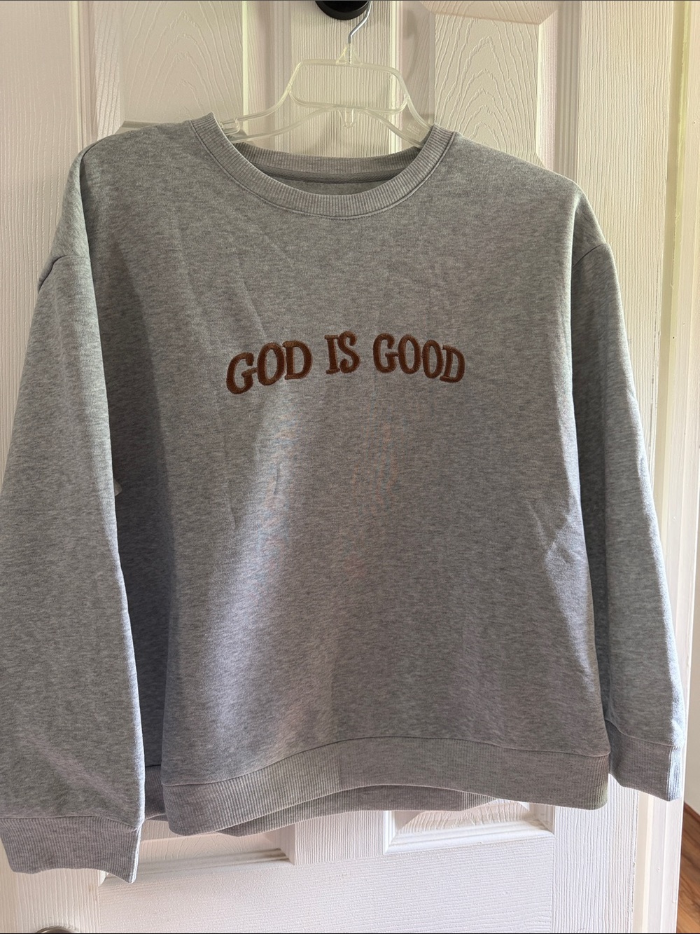 SHEIN Gray Crewneck Sweatshirt with Brown "GOD IS GOOD" Embroidery